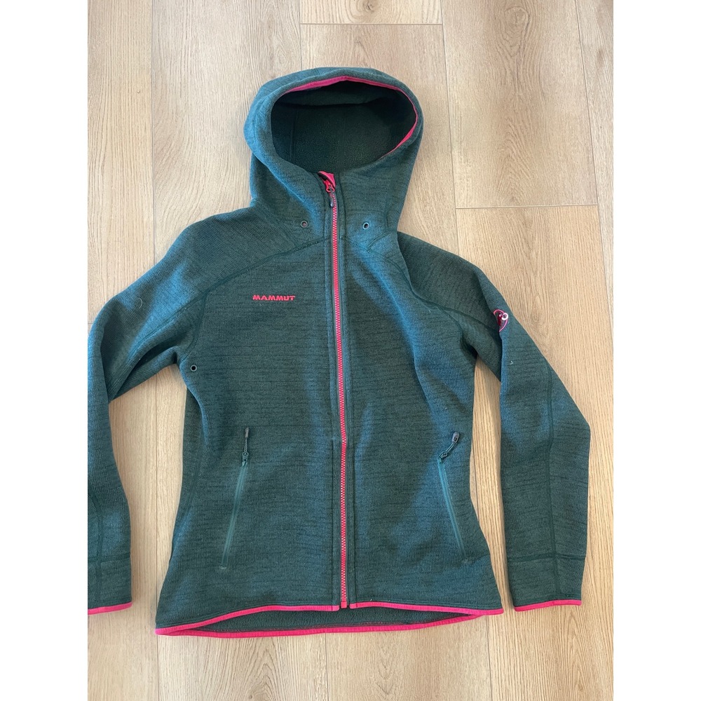 Mammut Womens Full Zip Hooded Fleece Jacket Green Pink Trim Size Small S 162